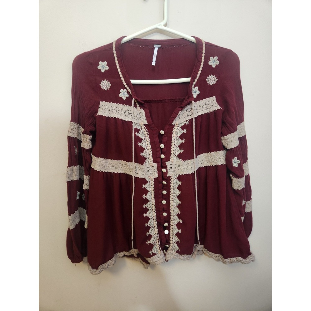 Free People long sleeve embroidered top with‎ tassle Sz XS Cranberry